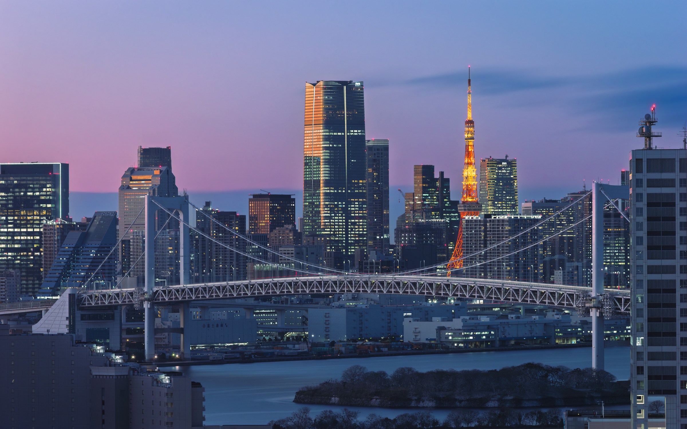 Tokyo skyline at dusk with Rainbow Bridge